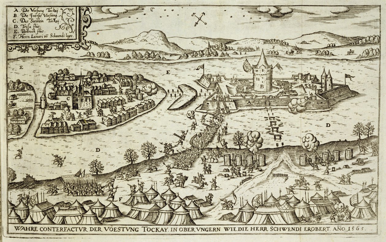 Staden Tokay återvunnen från turkarna av Herr Schwendi 1565, illustration från en bok om de osmanska kampanjerna i Europa, graverad av Paul Furst (ca 1605-66) av German School