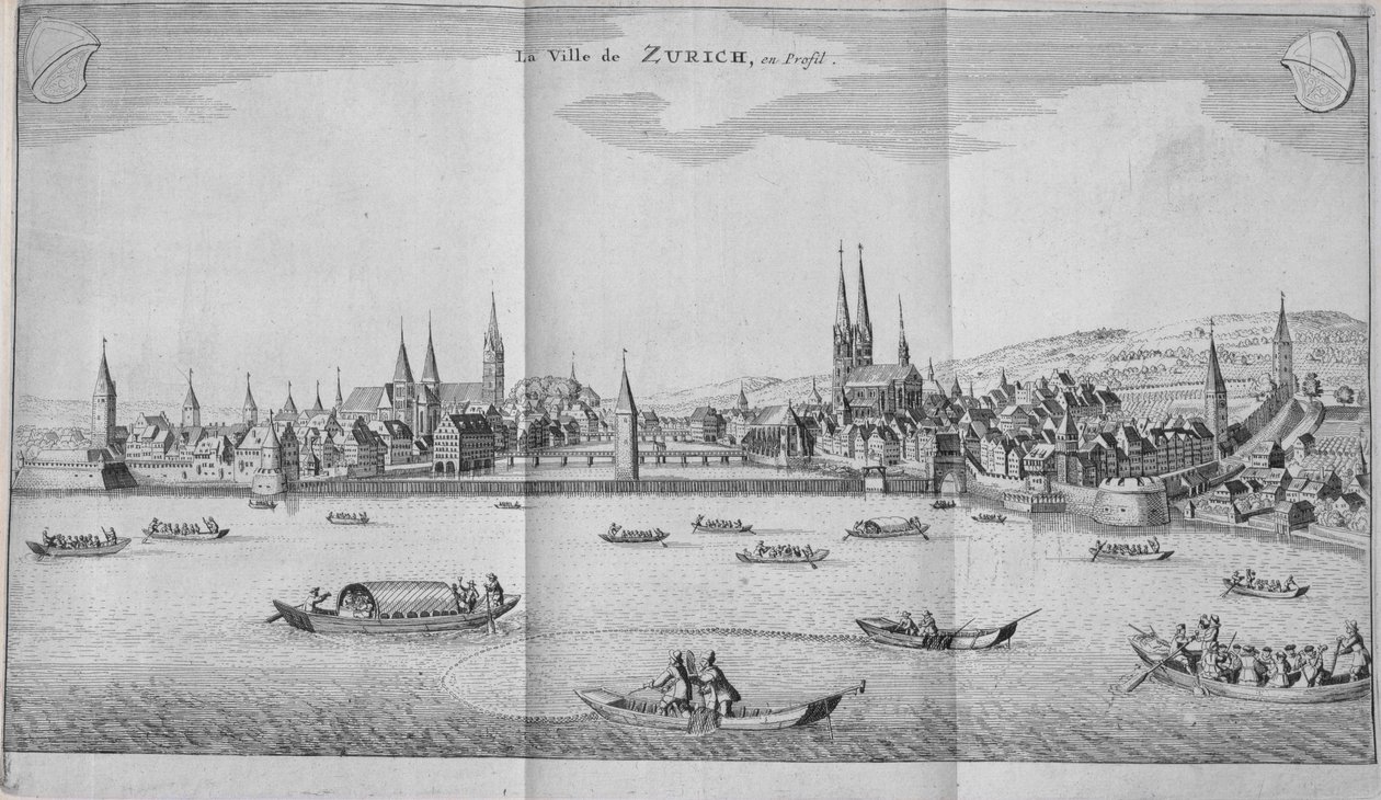 Staden Zürich, Schweiz, från volym II av Itinera Alpina av Johann Jacob Scheuchzeri, publicerad 1706 av German School