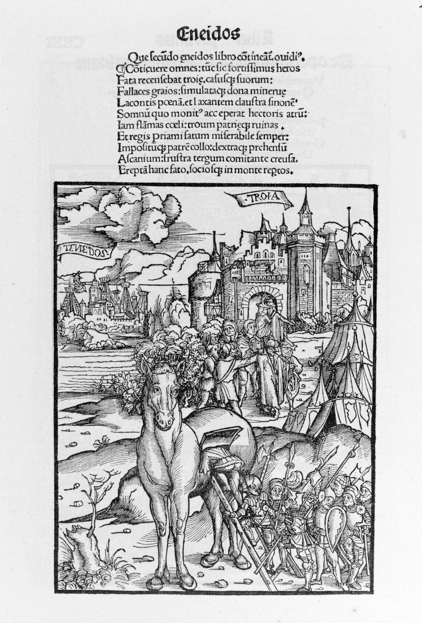 Den trojanska hästen. Aeneid. Xylografi av Sebastian Brant. Strasbourg av German School