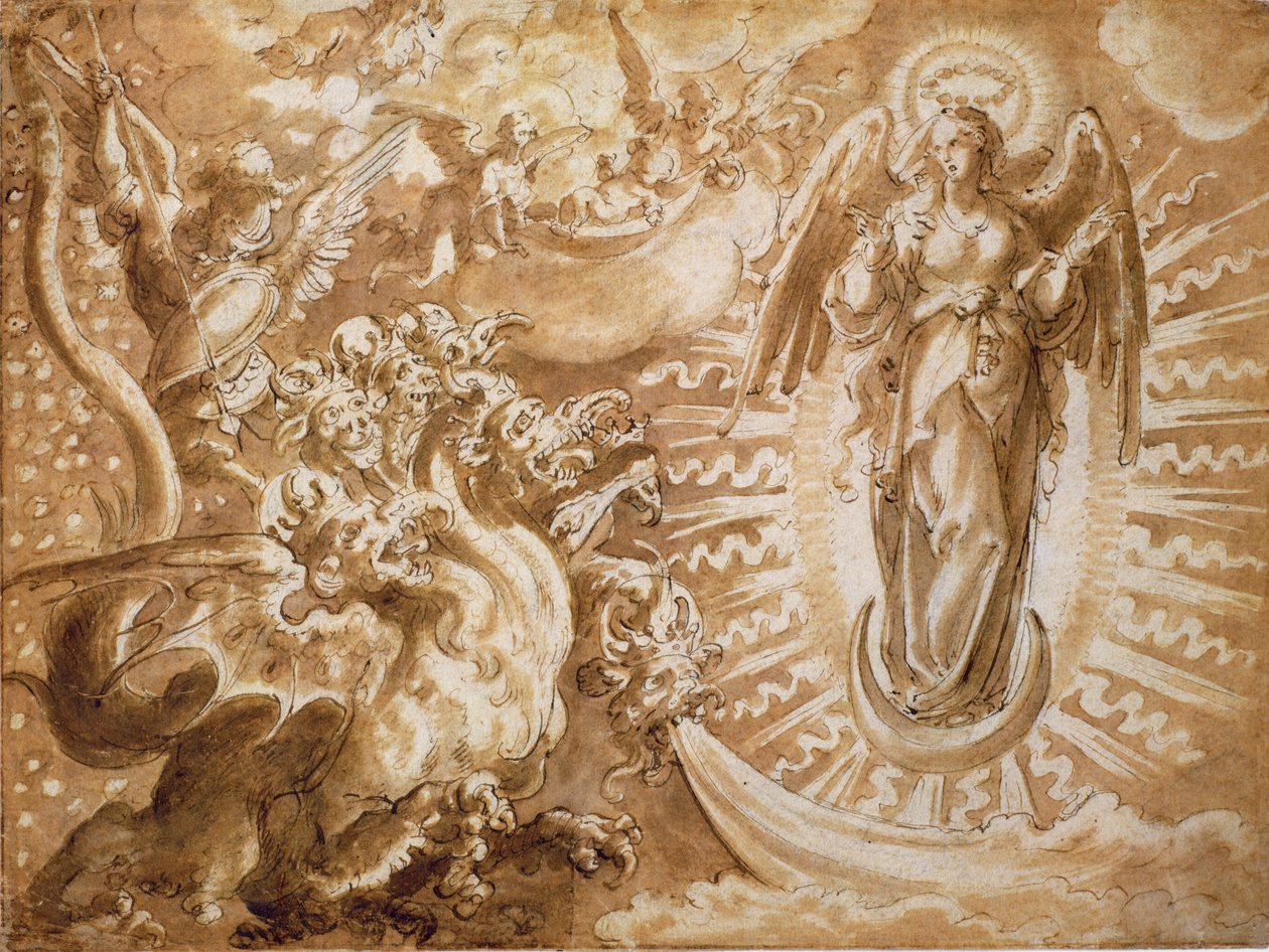 Kvinnan klädd med solen och den sjuhövdade draken, ca 1600 (penna och bläck med tvätt över svart krita) av German School