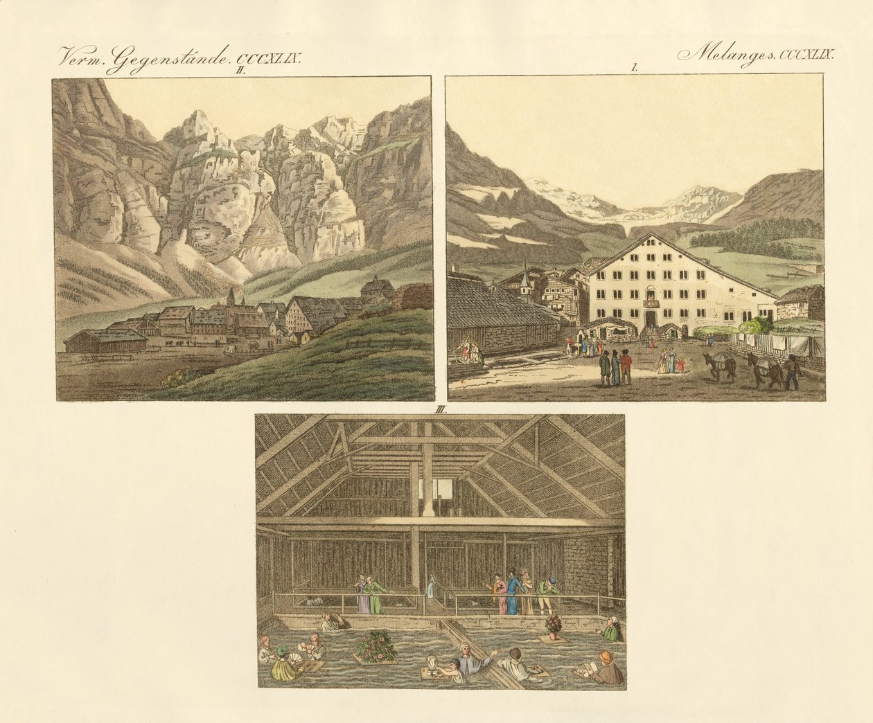 Leukers bad i kantonen Wallis (färgad gravyr) av German School