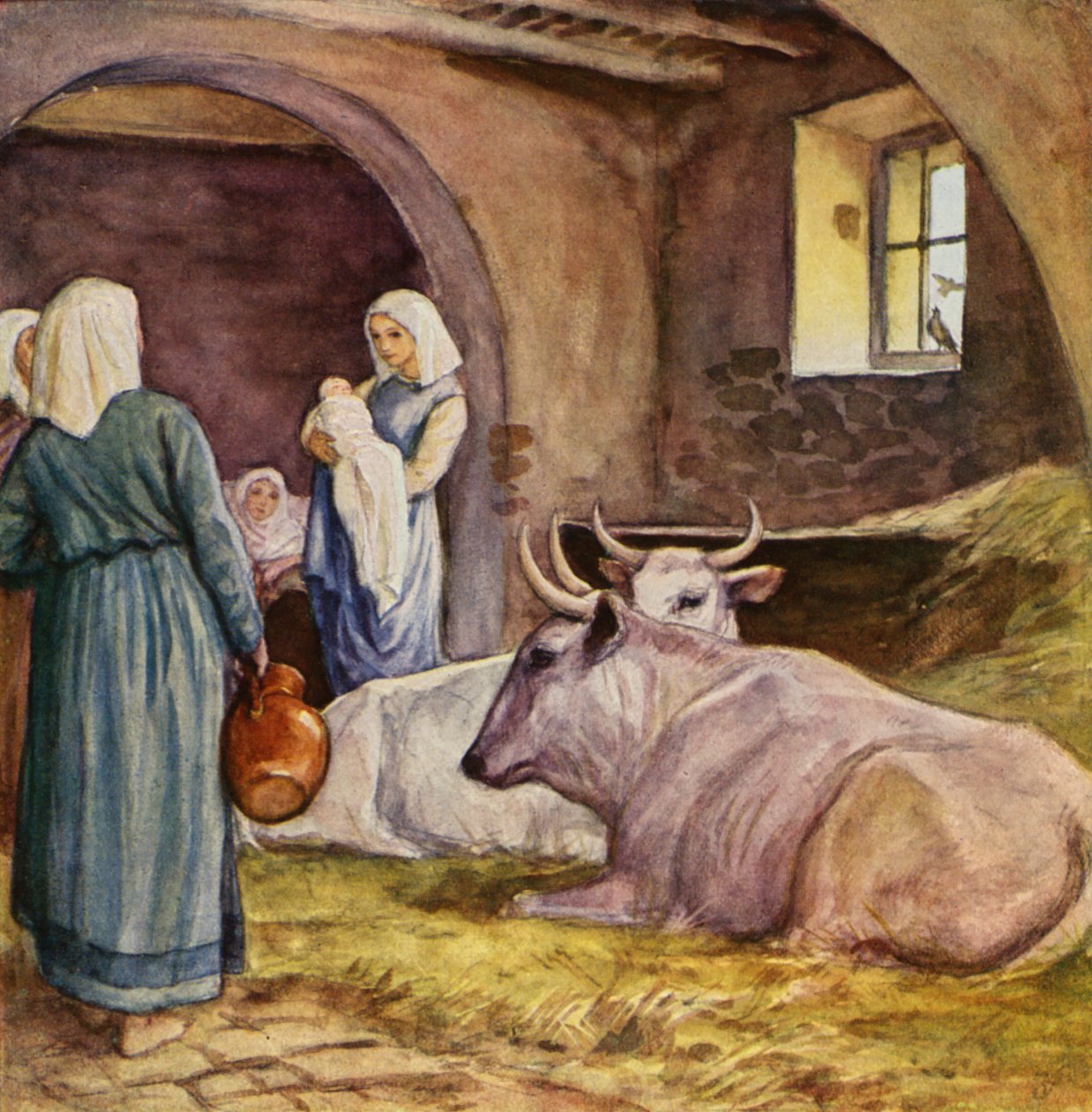 Den helige Franciskus födelse (färglitografi) av German School