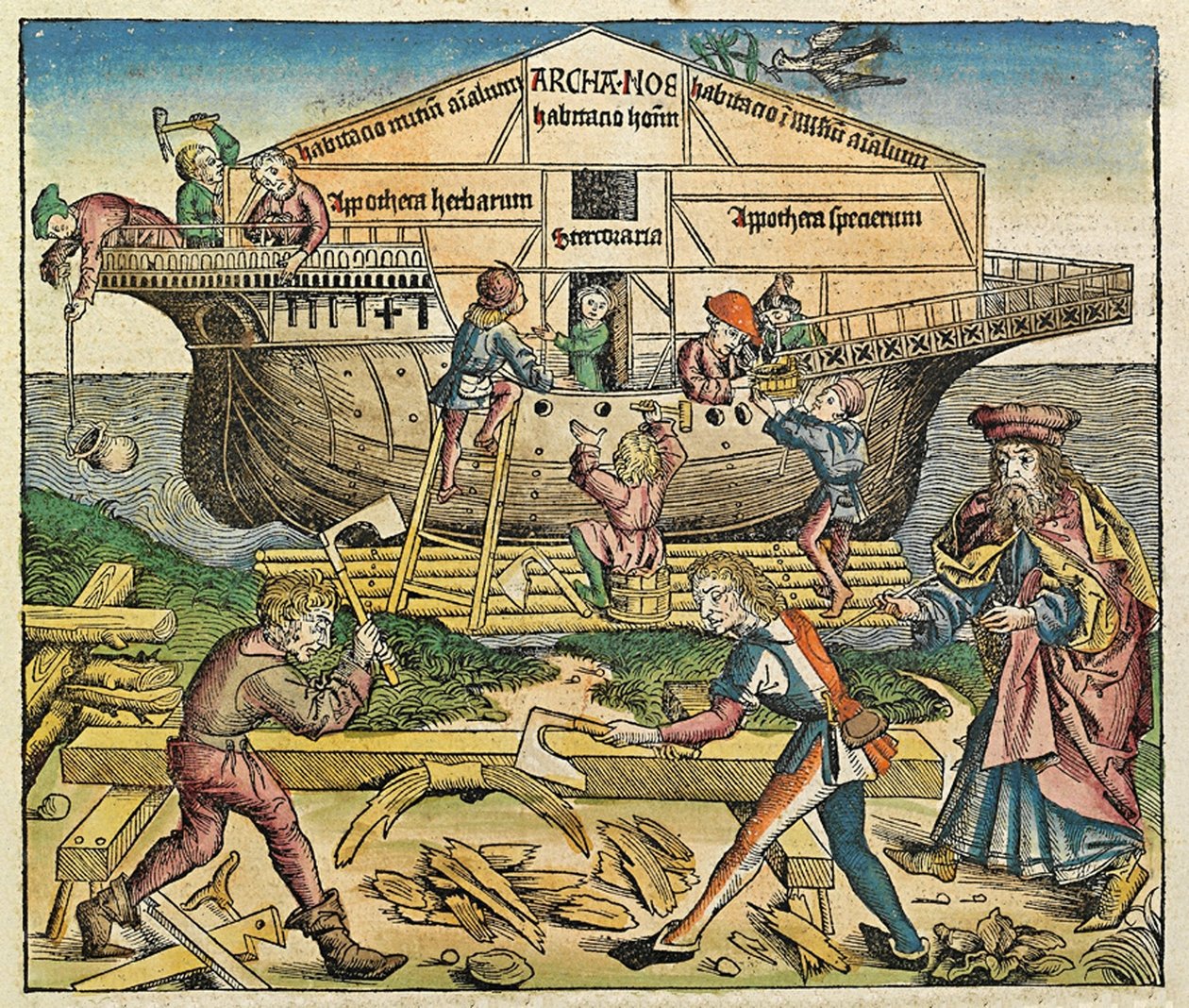 Byggnaden av Noahs ark, publicerad i Nürnbergkrönikan, 1493 av German School