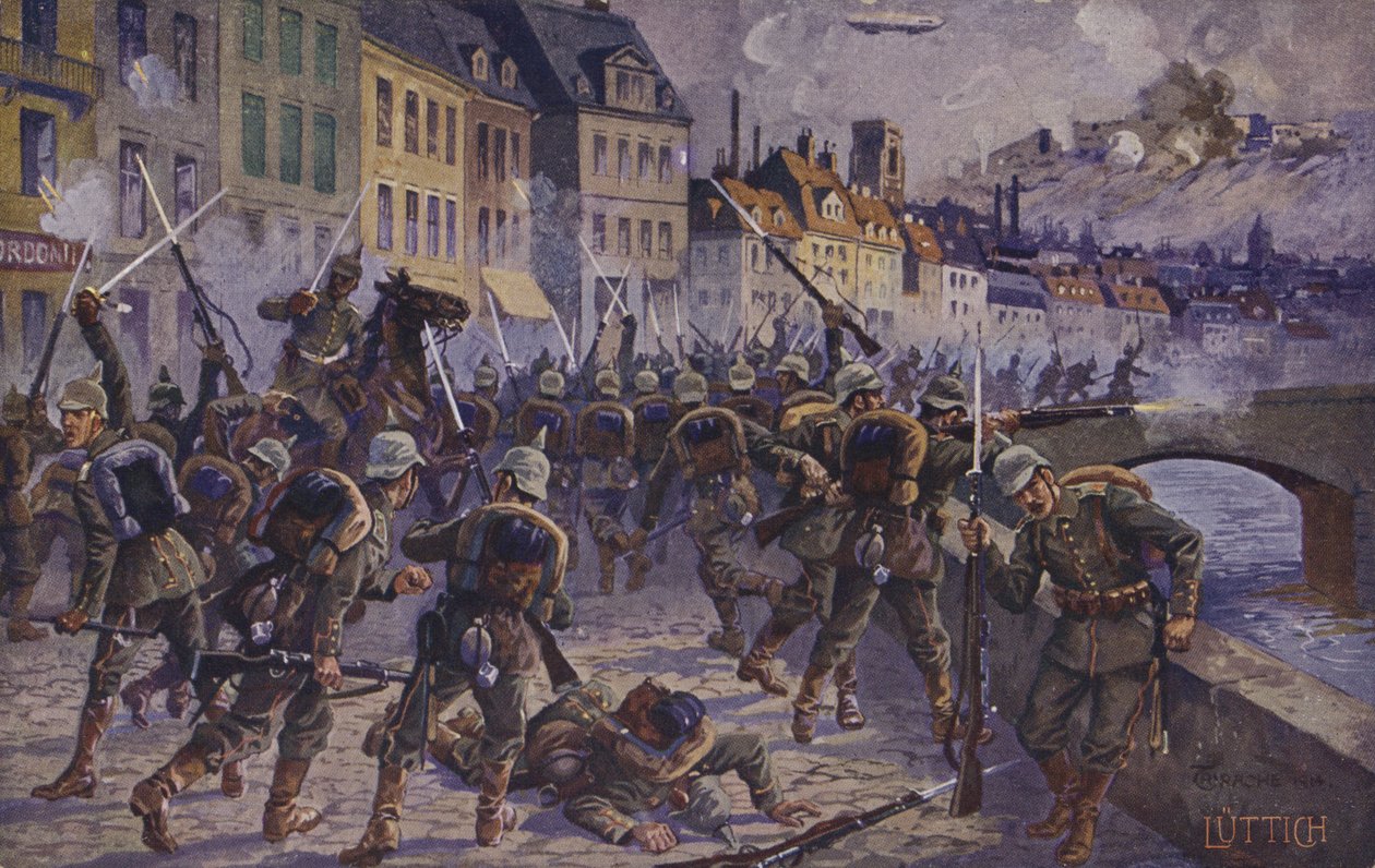 Intagningen av Liege, Belgien, första världskriget, 7 augusti 1914 (färglitografi) av German School
