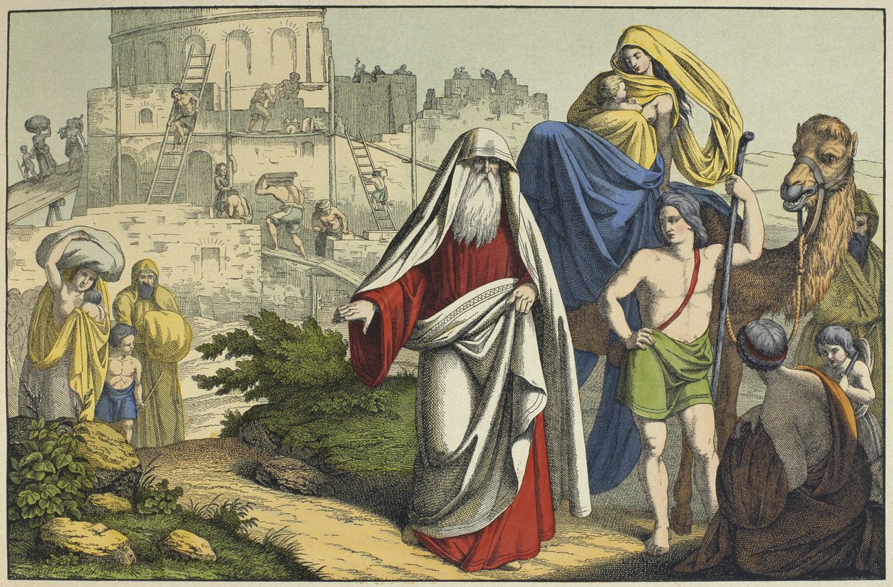 Konstruktionen av Babels torn, illustration från LAncien Testamentet, utgiven av Jakob Ferdinand Schreiber, Esslingen (färgstick) av German School