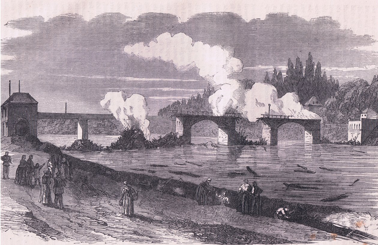Försvaret av Paris-brännande bron över Asnieres, Cassells historia om kriget mellan Frankrike och Tyskland publicerad av Cassell and Company Limited, c.1890 (litho) av German School