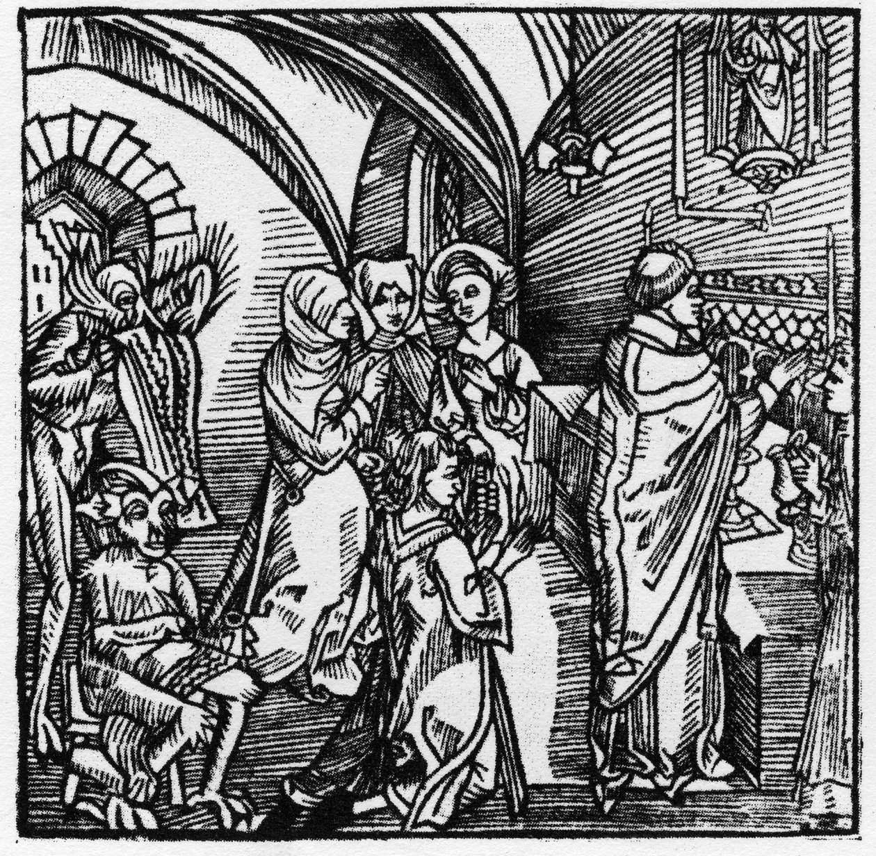 Djävlarna transkriberar köpmännens prat under mässan - i "Der Ritter von Turn"" av riddaren Marquard vom Stein 1498 av German School