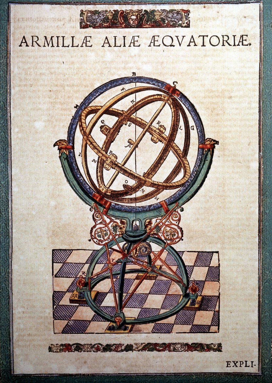 Den ekvatoriala armillarsfären i "astronomin inrättade mekanismer" av Tycho Brahe (1546 - 1601), Wandsbeck av German School
