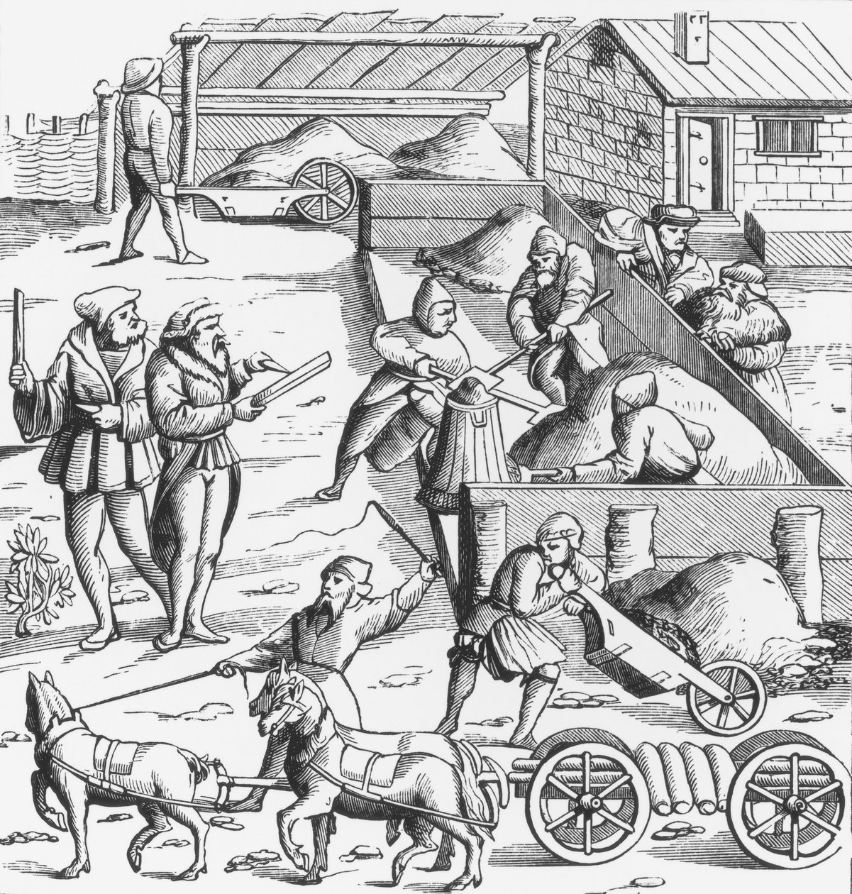 Utvinning av metaller, efter ett träsnitt i Cosmographie Universelle of Munster, publicerad 1552 av German School