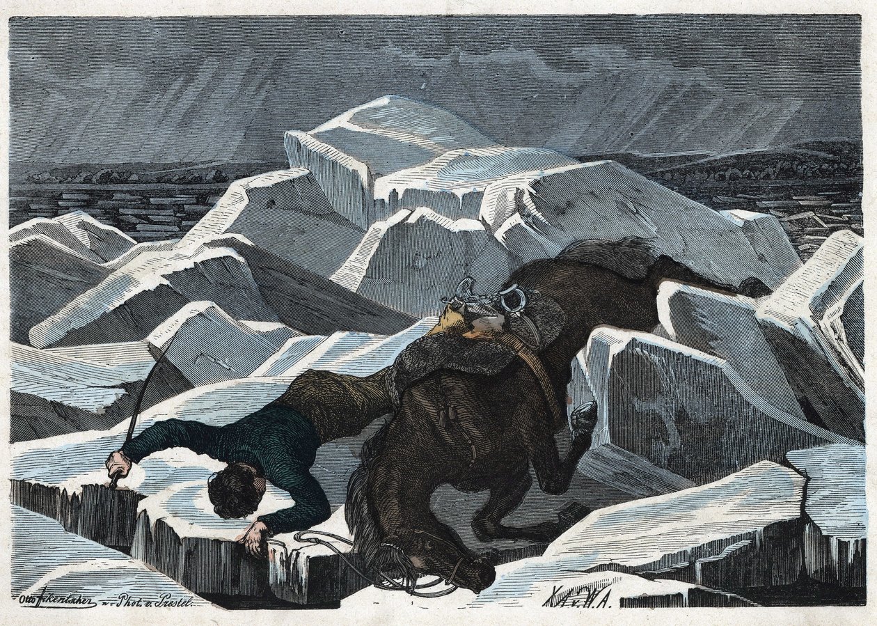 Greve Sandors och hans hästs fall på Donaus brutna is. I "" Wenn Jemand eine Reise thut, so kann er was erzahlen"" (När någon reser, detta är vad han kan berätta), tysk saga av Franz Wiedemann av German School