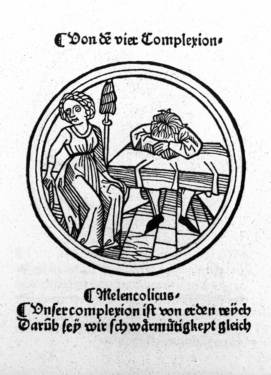 De fyra temperamenten: melankolisk (ledsen och deprimerad). Xylografi, Augsburg 1480. av German School