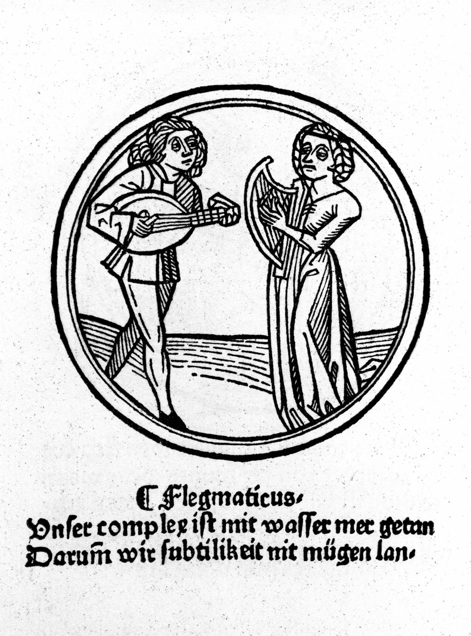 De fyra temperamenten: flegmatisk (långsam och apatisk). Xylografi, Augsburg 1480 av German School