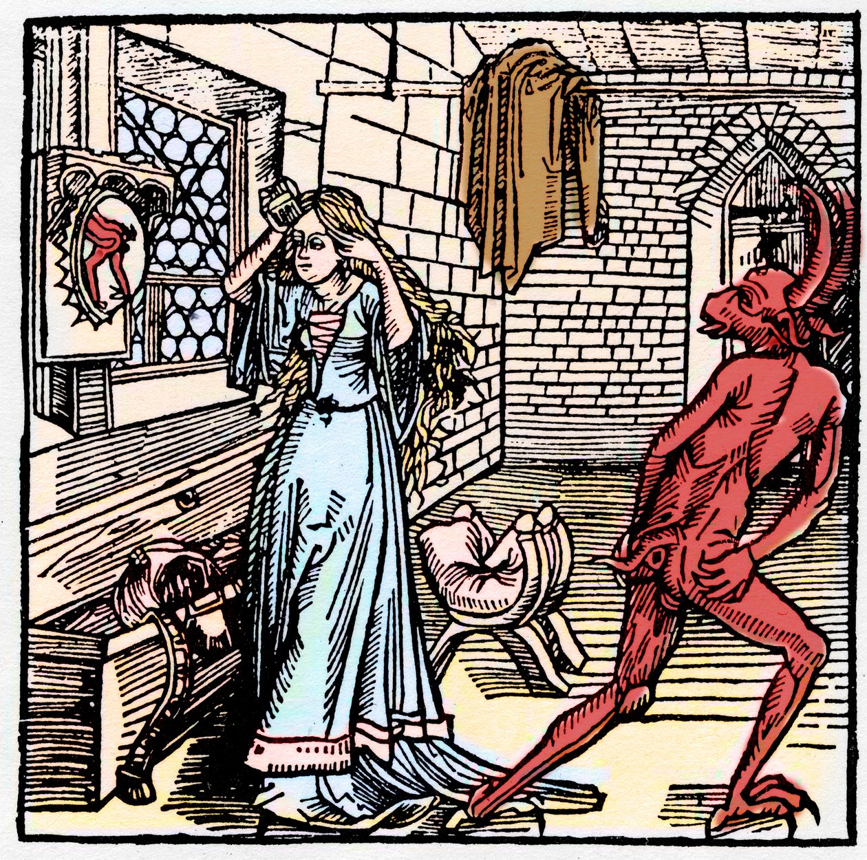 Damen som beundrar sig själv i spegeln ser bara en reflektion av demonens baksida - symbol för fåfänga - djävulens respektlösa uppförande mot en flirtig kvinna - i "Der Ritter von Turn" av riddaren Marquard vom Stein av German School