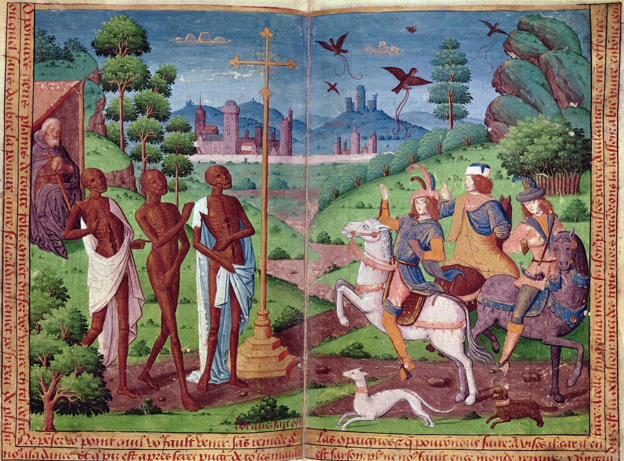 Legenden om de tre levande männen och de tre döda männen, från Karl Vs timbok (vellum) av German School