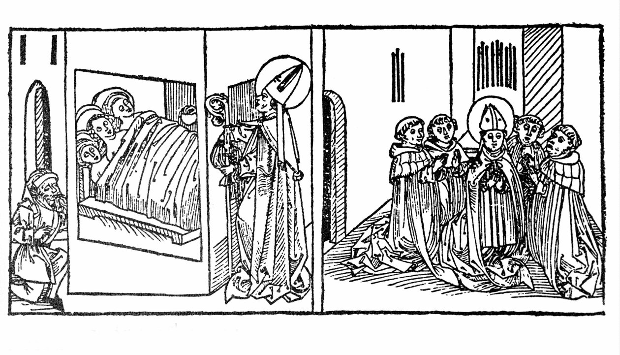 Sankt Nikolaus liv vaknade. Gravyr från "Leben der Heiligen - sommerteil" (Helgonets bok) av Jacobus (James) av Voragine (1228-1298). Lübeck 1488. av German School