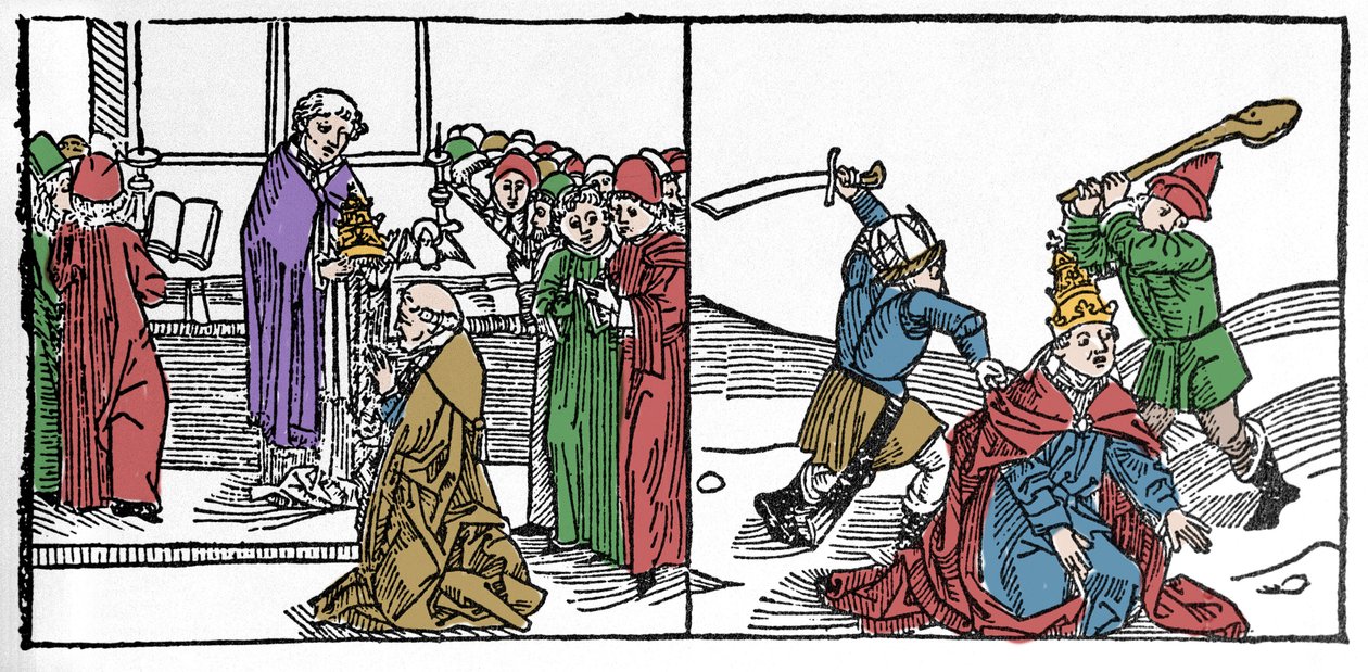 Sankt Fabiens martyrskap (3:e århundradet), torterade påven sedan halshöggs, under kejsar Deces regeringstid Gravyr från "Leben der Heiligen - sommerteil" (Helgonets bok) av Jacobus (James) av Voragine (1228-1298). Lübeck 1488. av German School