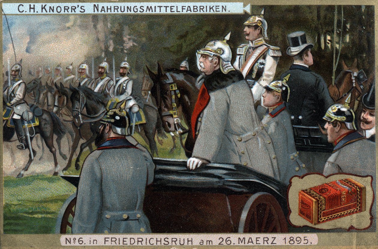Den preussiska arméens militära trupper passerade före förbundskansler Otto von Bismarck (1815-1898) den 26 mars 1895 i Friedrichsruh, Tyskland. Kromolitografi, sent 1800-tal. av German School
