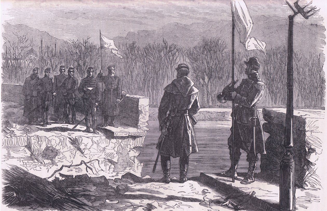 Fredsförhandlingarna - ett möte vid bron av Sevres, Cassells historia om kriget mellan Frankrike och Tyskland publicerad av Cassell and Company Limited, ca 1890 (litho) av German School