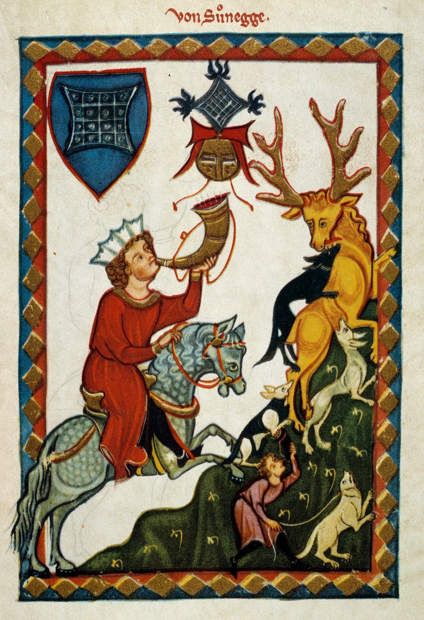 Jaktens nöjen: kung Radin av Hohenstaufen, kung av Sicilien (Italien) och Jerusalem (Israel) under namnet Conrad II, hertigen av Schwaben under namnet Conrad III och kungen av romarna under namnet Conrad V (1252) -1268) jagar rådjur. Illuminat av German School