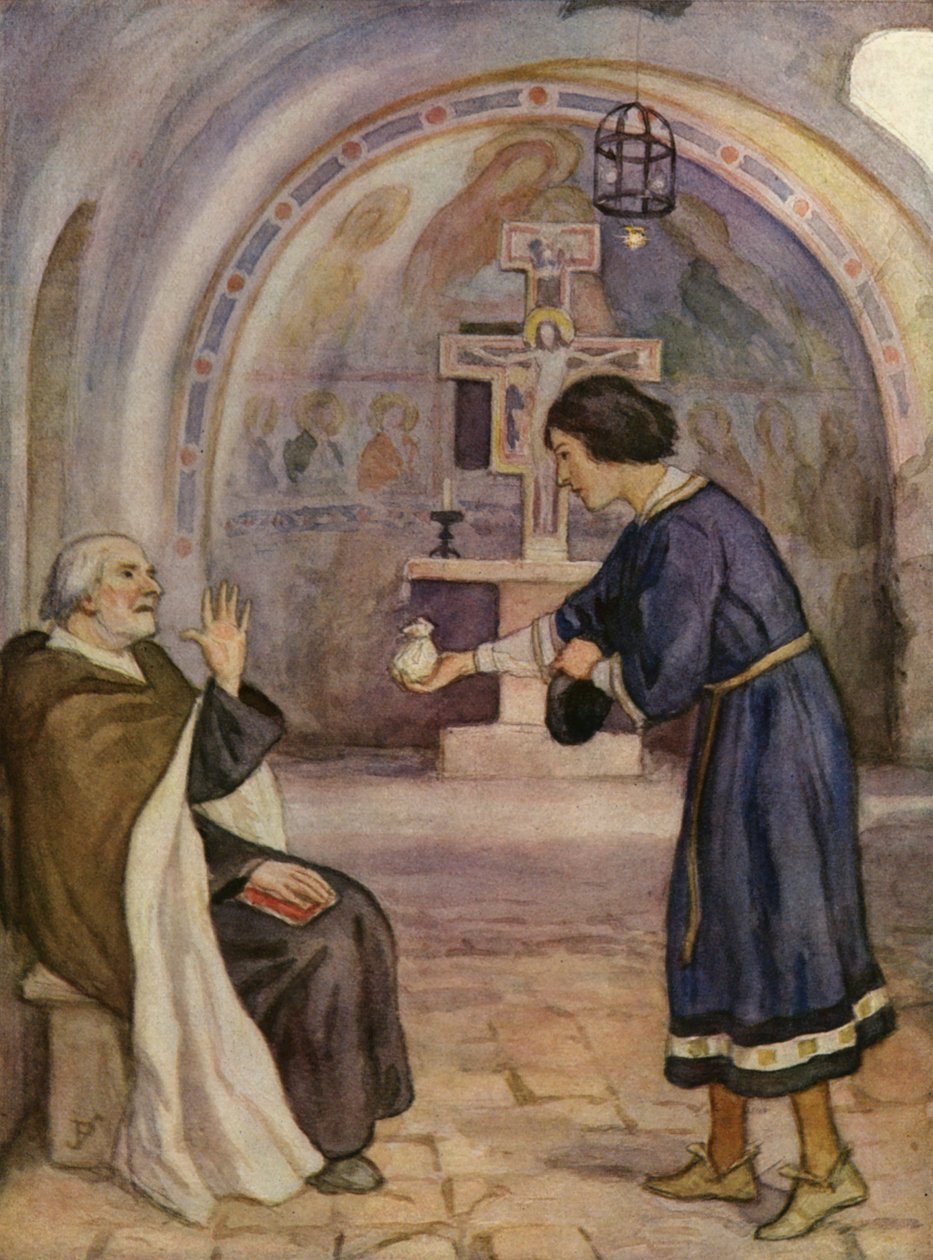 Prästen i San Damiano avvisar S:t Franciskus gåva för att reparera hans kyrka (färglitografi) av German School