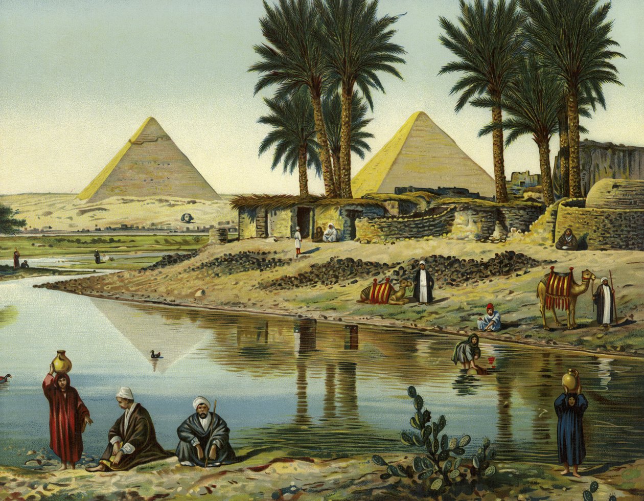 Pyramiderna i Gizeh (chromolitho) av German School