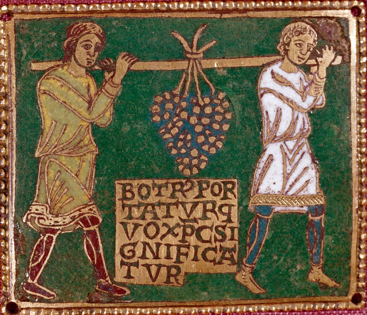 Josue och Kalebs återkomst med en enorm druvklase från Kanaans land (det utlovade landet) ("Josuas och Kalebs återkomst från Kanaan (det utlovade landet) med en klase druvor") av German School