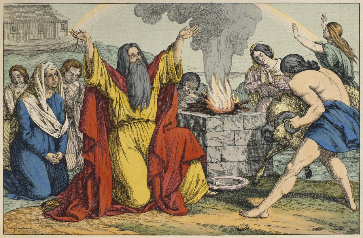 Noas offer, illustration från Lancien Testamentet, utgiven av Jakob Ferdinand Schreiber, Esslingen (färgstick) av German School