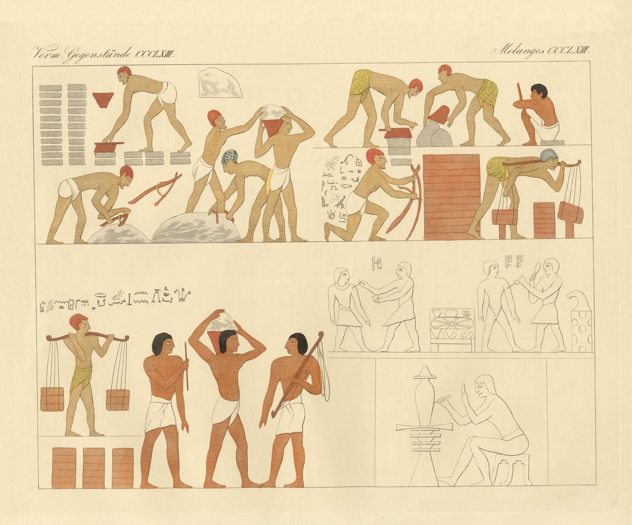 Judarnas slaveri i Egypten representerad på en 3000 år gammal bild i en grav i övre Egypten (färgad gravyr) av German School