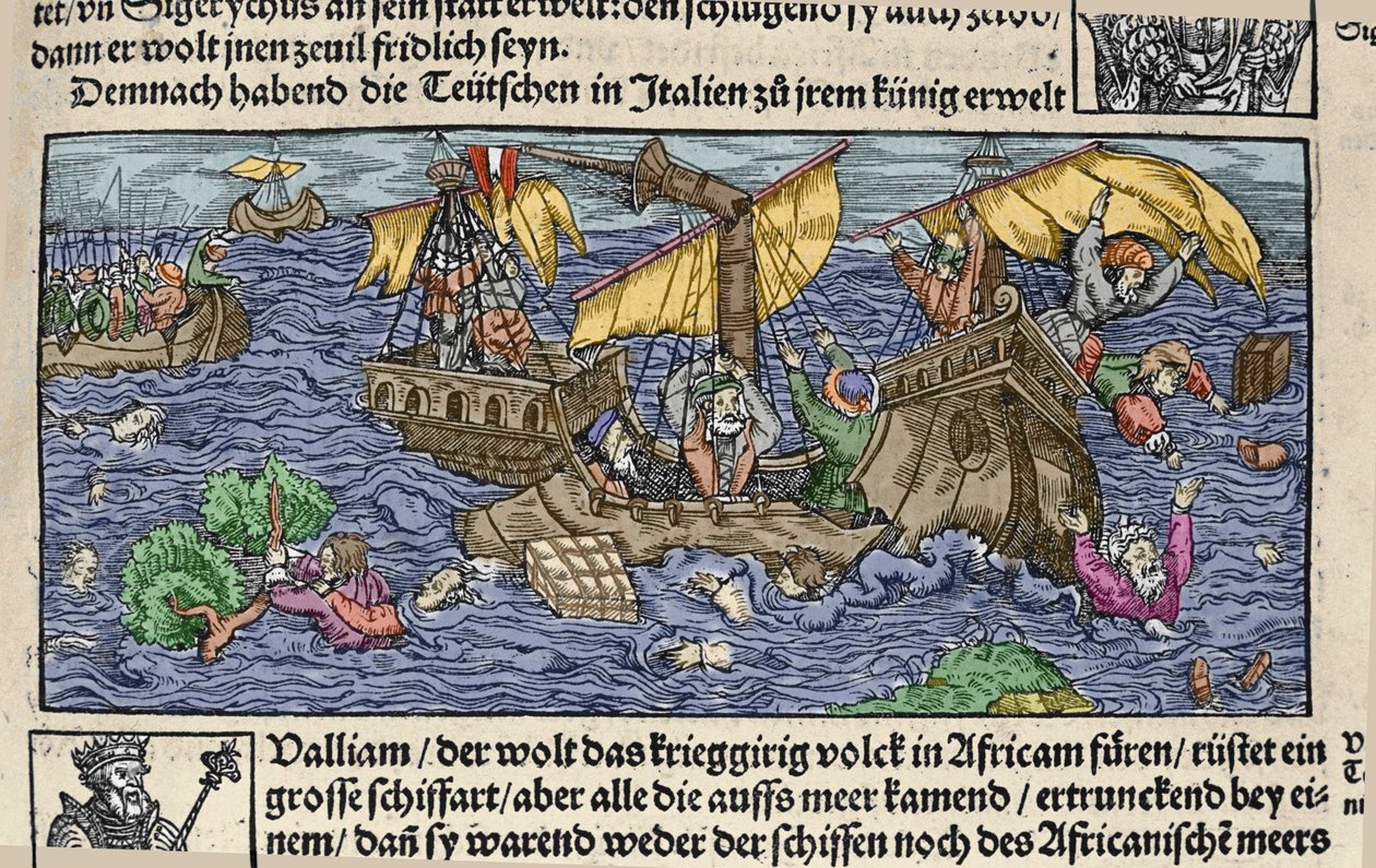 Skeppsvraket. Gravyr från "" Den Edlen Strenghen Besten Fromen"" av Johann Stumpff. början av 1500-talet. av German School