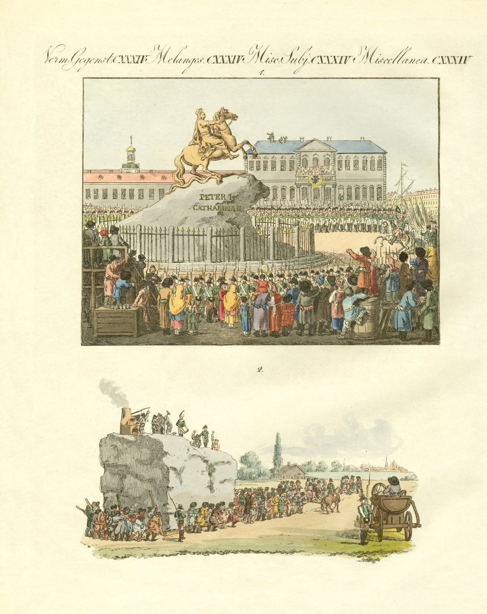 Statyn av Peter den store till häst i St. Petersburg (färgad gravyr) av German School