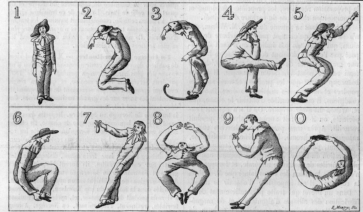 Tiofigurerna av Harlequin. (Reducering av hälften av originalet, från Gaston Tissandiers samling). Tysk gravyr från 1700-talet i "La Nature: revue des sciences et de leurs applications aux arts et a l