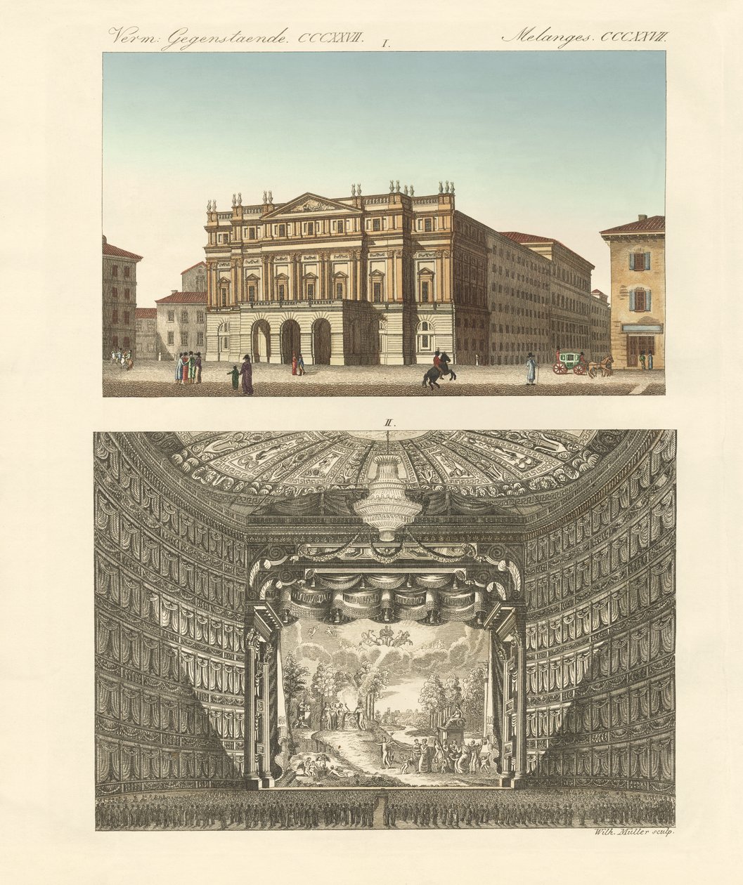Teatern Della Scala i Milano (färgad gravyr) av German School
