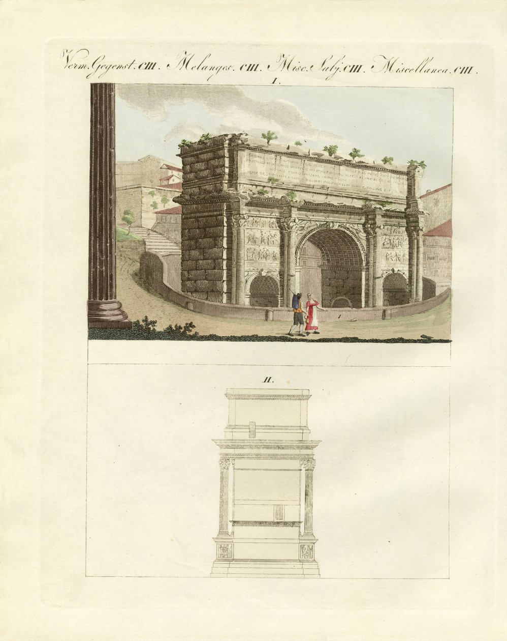 Kejsar Septimius Severus triumfbåge (färgad gravyr) av German School