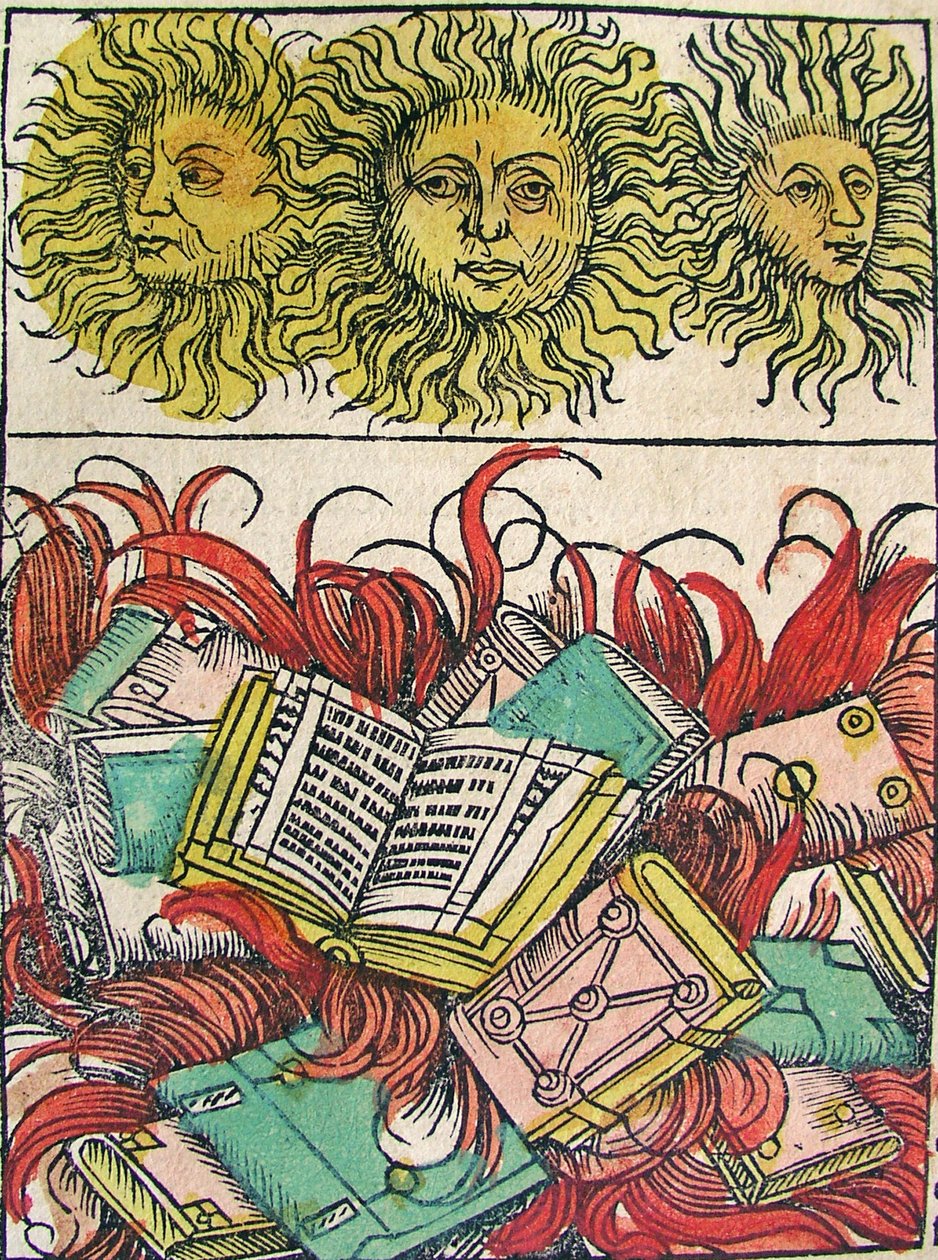 "Tre solar och bokbränning", publicerad i Nuremberg Chronicle, 1493 av German School