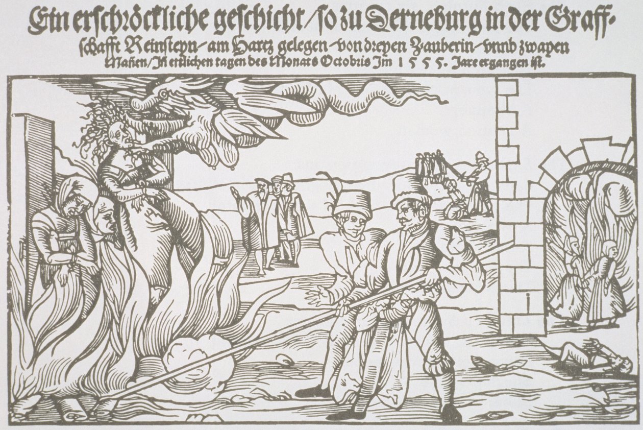 Tre häxor brändes levande, broschyrillustration av German School