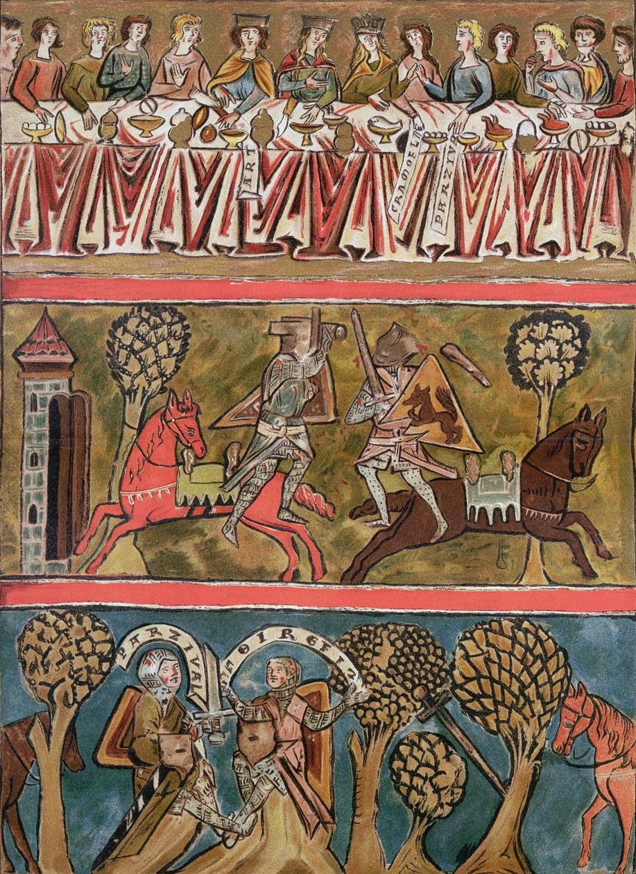 Tre scener från Parsifal av Wolfram von Eschenbach (d.c.1230) faksimil från ett 1200-talsmanuskript av German School
