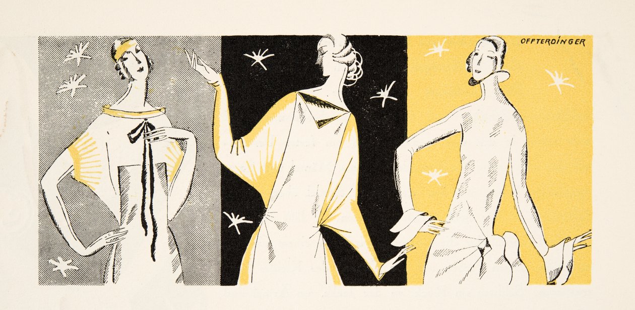 Tre kvinnor i klänningar, från Styl, pub.1922 (pochoirtryck) av German School
