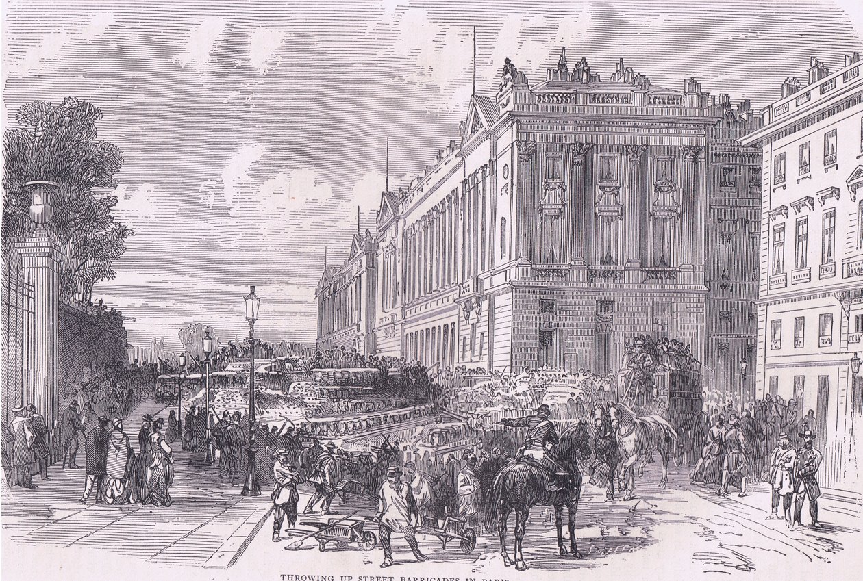Kastar upp gatubarrikader i Paris, Cassells historia om kriget mellan Frankrike och Tyskland publicerad av Cassell and Company Limited, ca 1890 (litho) av German School