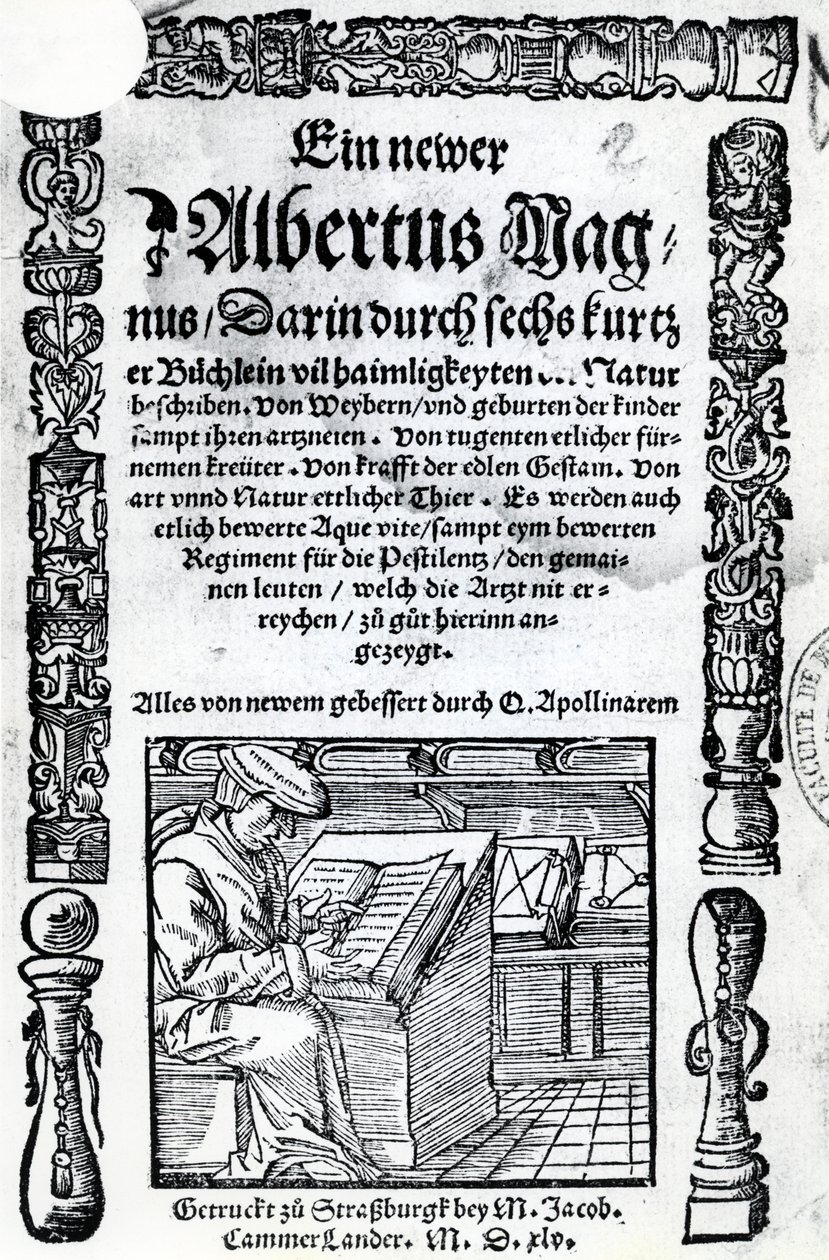 Titelsida för en ny Albertus Magnus: sex korta böcker som beskriver många av naturens hemligheter, publicerad 1514 (träsnitt och boktryck) av German School