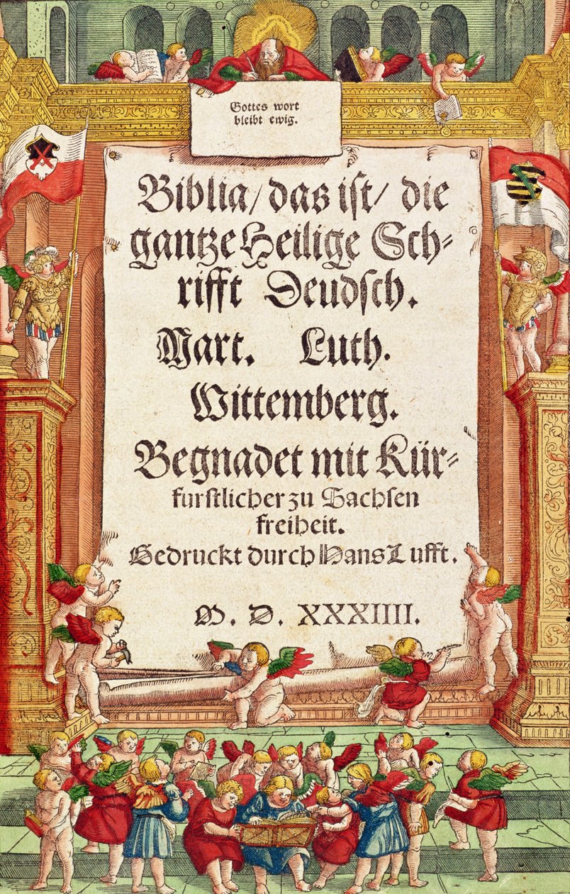 Titelsida från Lutherbibeln, ca 1530 (färgat träsnitt) av German School
