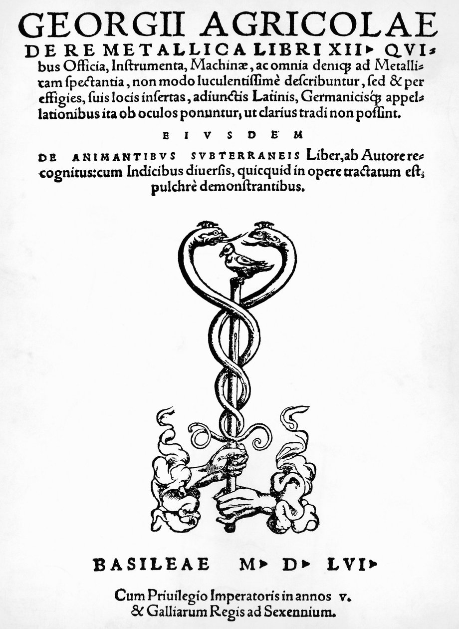 Titelsidan till De re metallica (Om metallers natur), av Georg Pawer eller Georgius Agricola (1494-1555), publicerad i Basel av German School