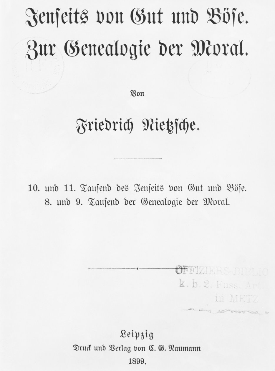 Titelsidan av Beyond Good och Bose och On the Genealogy of Morals av Friedrich Wilhelm Nietzsche, publicerad Naumann, Leipzig, 1899 av German School