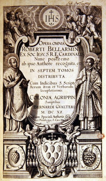 Titelsidan för Opera Omnia (kompletta verk) av Robert Bellarmine, upplaga publicerad i Köln 1620 (tryckt papper) av German School