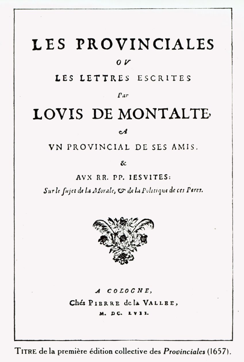 Titelsida för Les Provinciales av Blaise Pascal (1623-62), Amsterdam, 1657 (bläck på papper) av German School