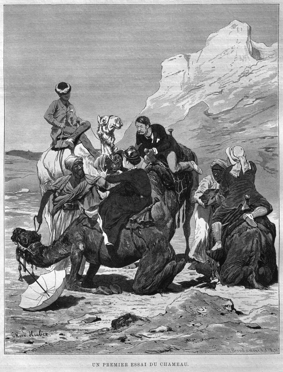 Turister på kamelrygg, från LEgypte av Georg Moritz Ebers (1837-98), 1881 (bw gravyr) av German School