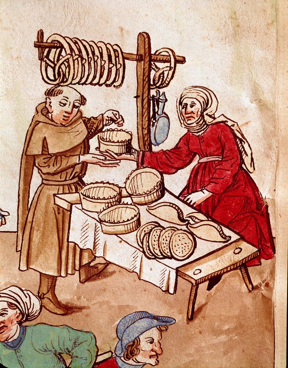 Handel: en brödhandlare. Miniatyr från "Krönikor från Konciliet i Konstanz" av Ulrich Richental (1360-1437) 1438 ungefär Prag, nationalbibliotek av German School
