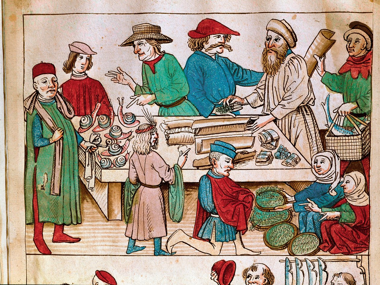 Handel: promenadscen. Miniatyr från "Krönikor från Konciliet i Konstanz" av Ulrich Richental (1360-1437) 1438 ungefär Prag, nationalbibliotek av German School