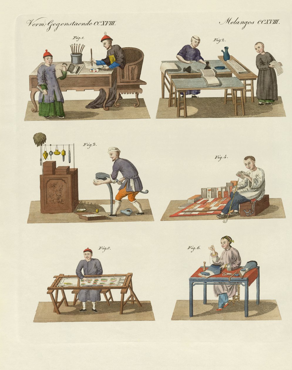 Handel, konst och hantverk i Kina (färgad gravyr) av German School