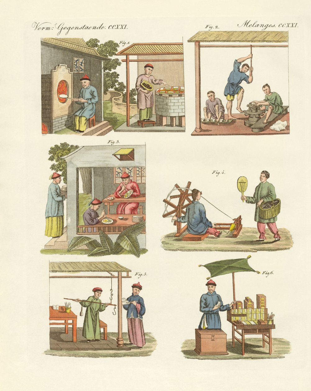 Handel, konst och hantverk i Kina (färgad gravyr) av German School