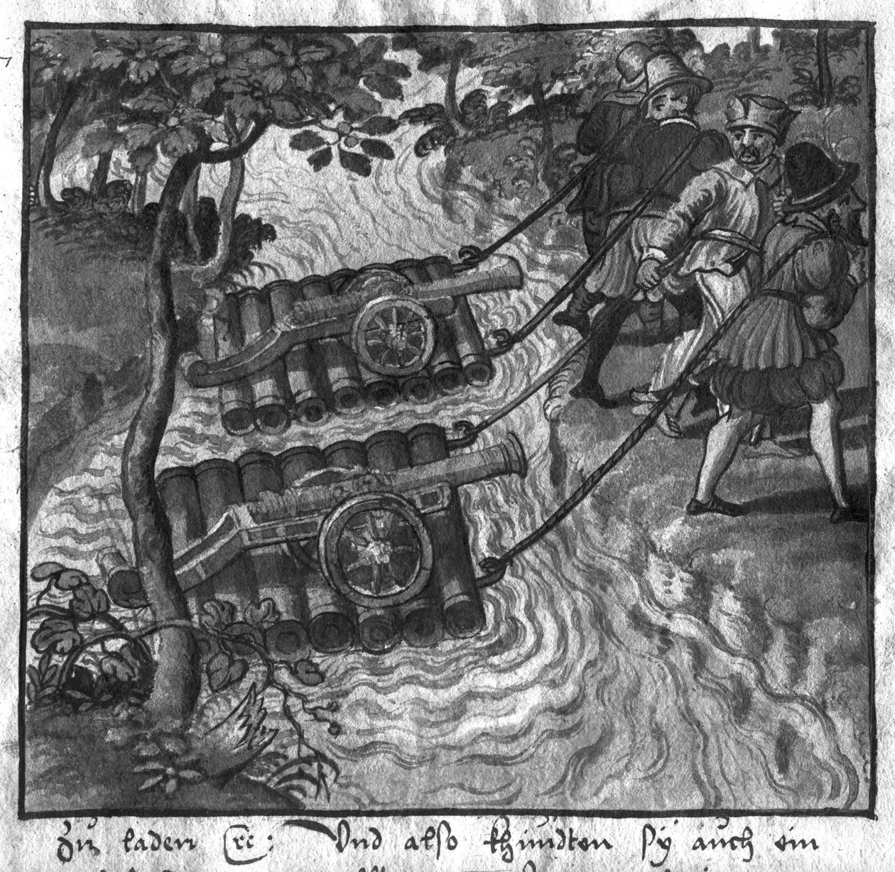 Transport av vapen och kanoner som korsar floden på flottar, illustration från L